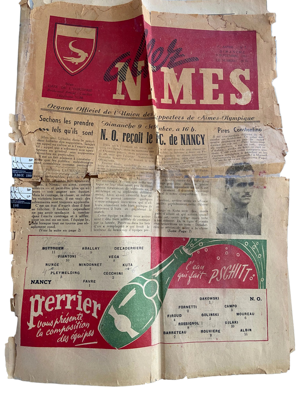 Pack Archives Historique Nîmes Olympique – Journaux "Aller Nîmes" 1951 & Photo Champion Division 2 1950 Collector