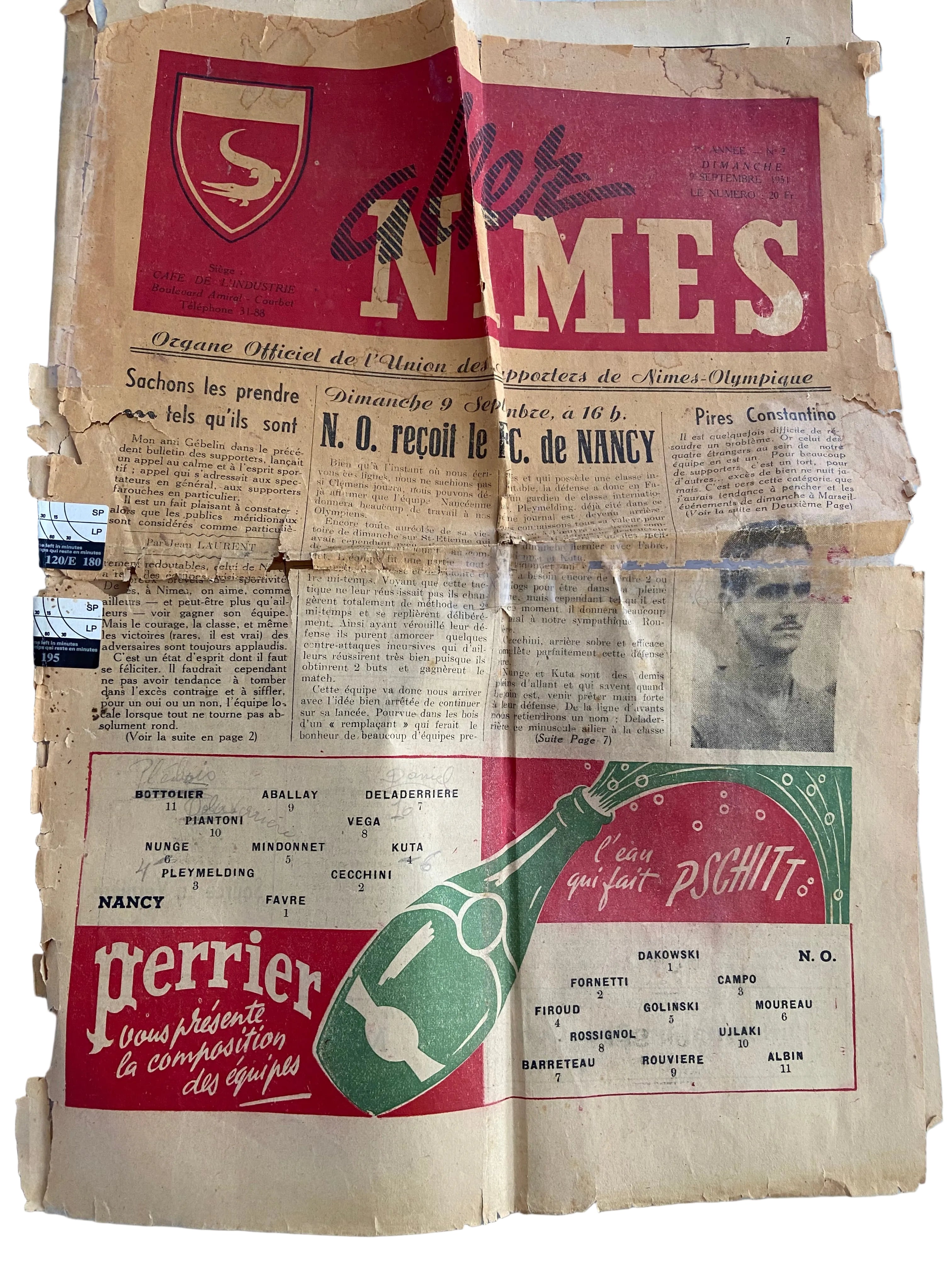 Pack Archives Historique Nîmes Olympique – Journaux "Aller Nîmes" 1951 & Photo Champion Division 2 1950 Collector