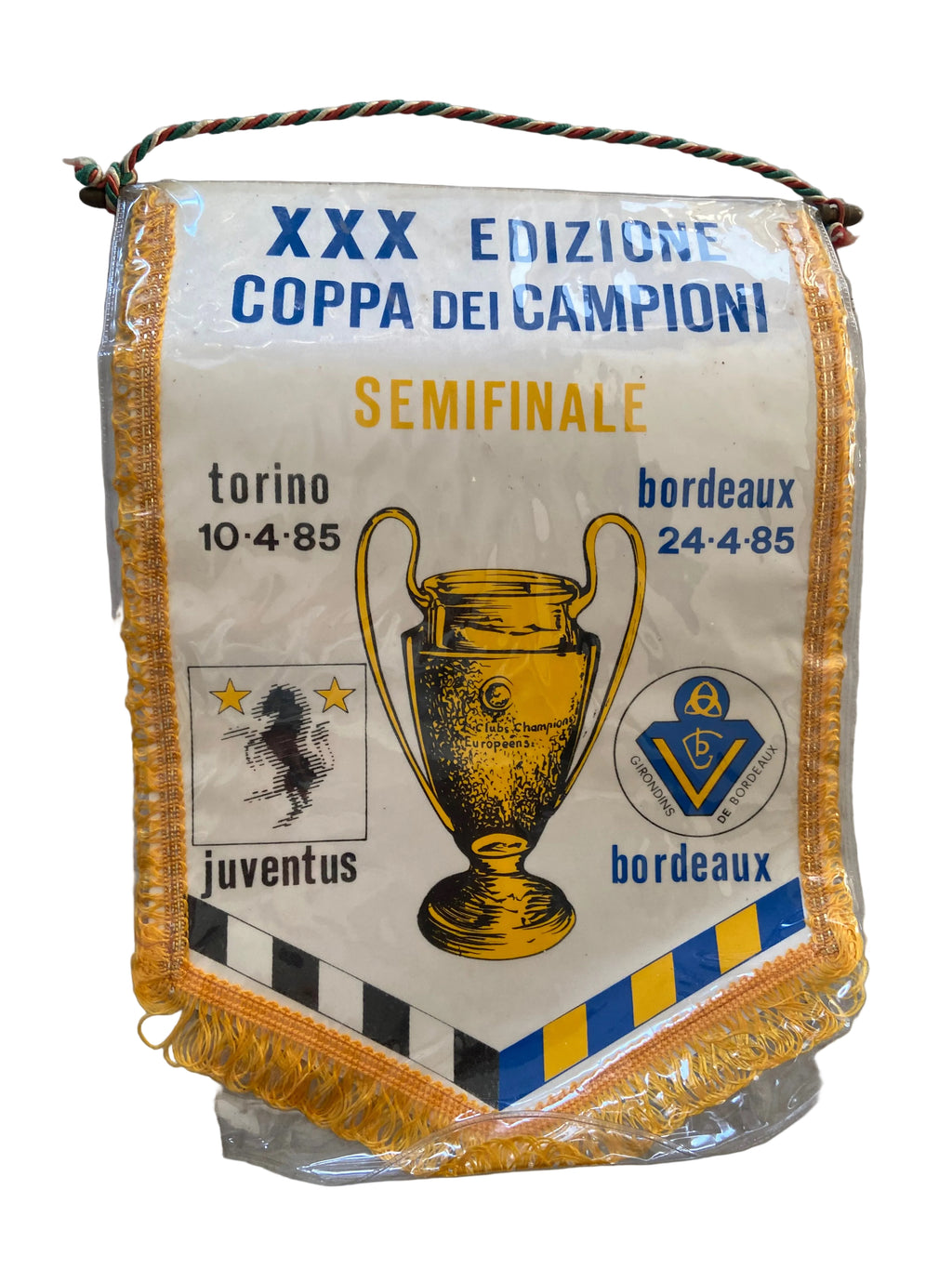 Fanion officiel de foot de la Demi-Finale Coupe des Champions 1985 – Juventus vs Girondins de Bordeaux COLLECTOR