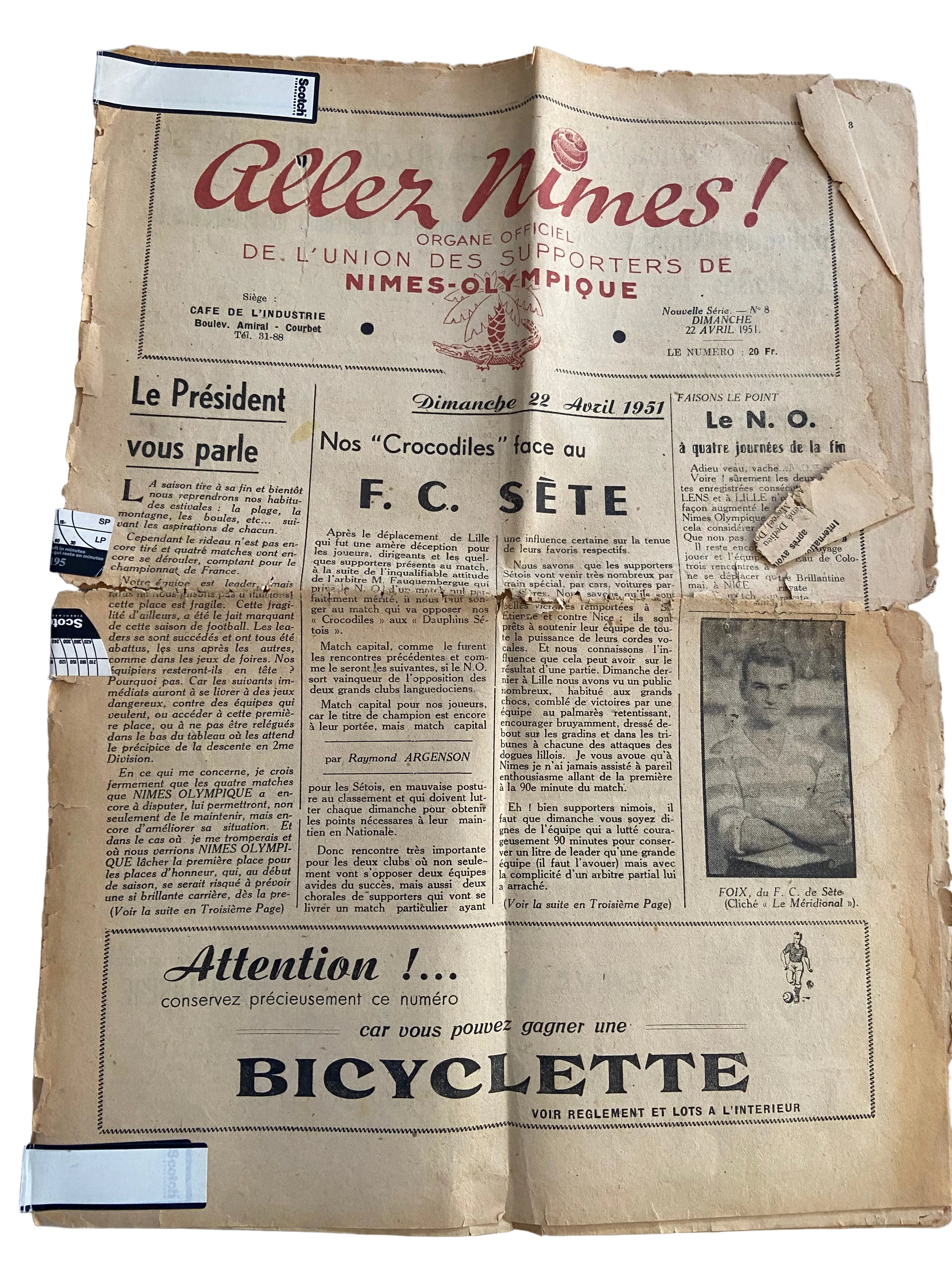 Pack Archives Historique Nîmes Olympique – Journaux "Aller Nîmes" 1951 & Photo Champion Division 2 1950 Collector