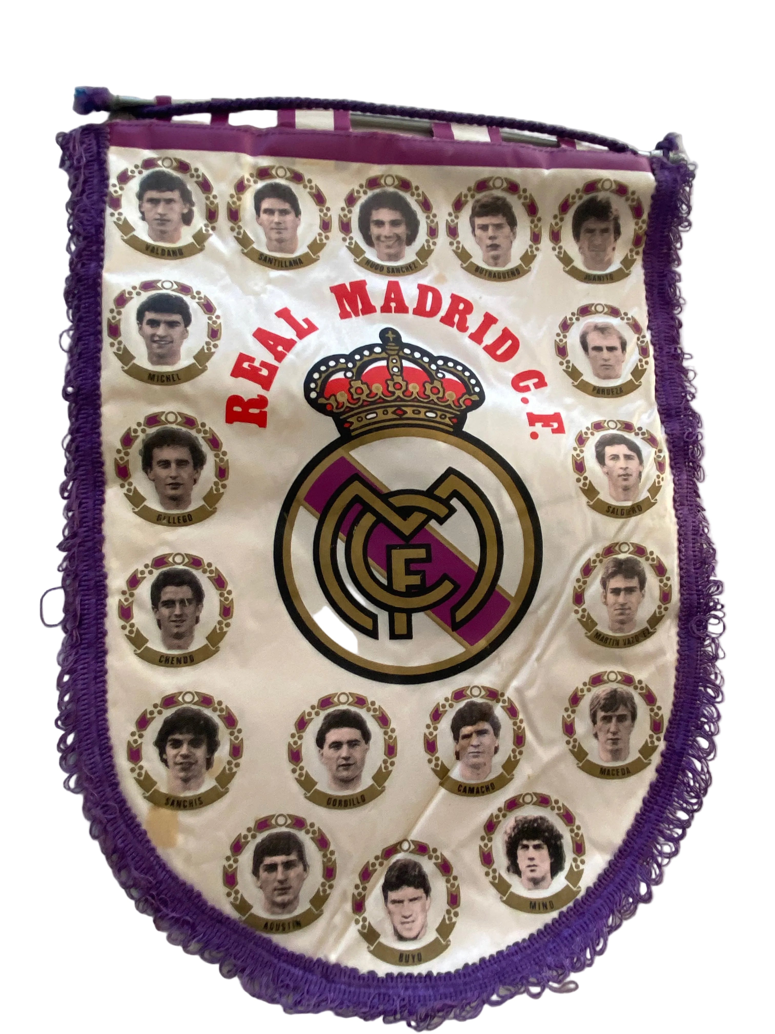Fanion officiel de foot du RÉAL de MADRID C.F. Fin 80s – Effectif Légendaire « La Quinta del Buitre » Collector
