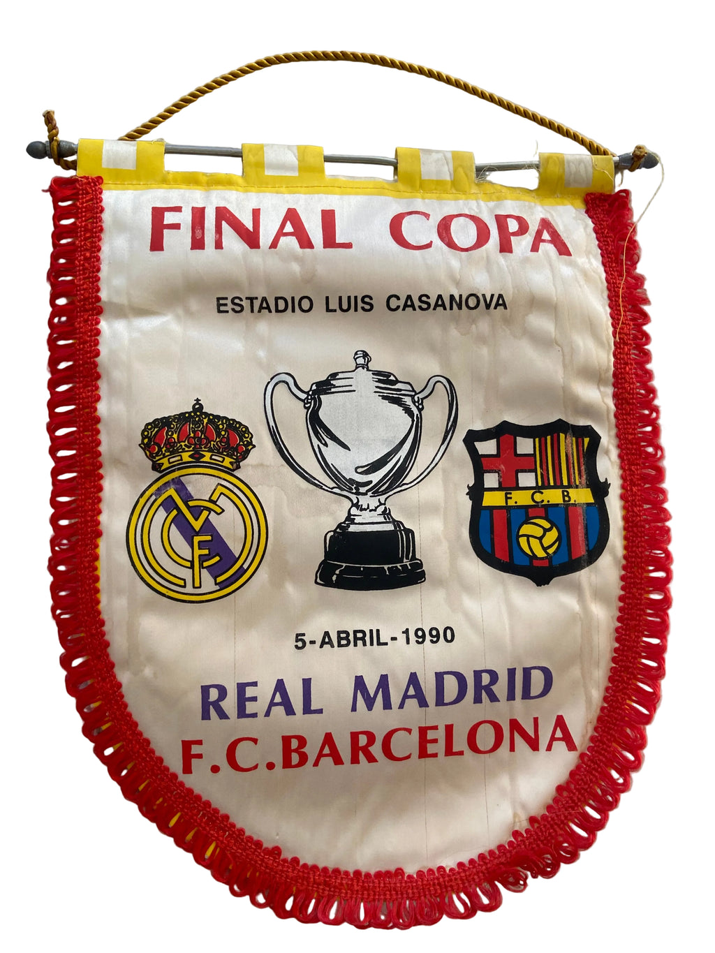 Fanion officiel de foot- Finale Copa del Rey 1990 – Real Madrid vs FC Barcelone – Estadio Luis Casanova Collector