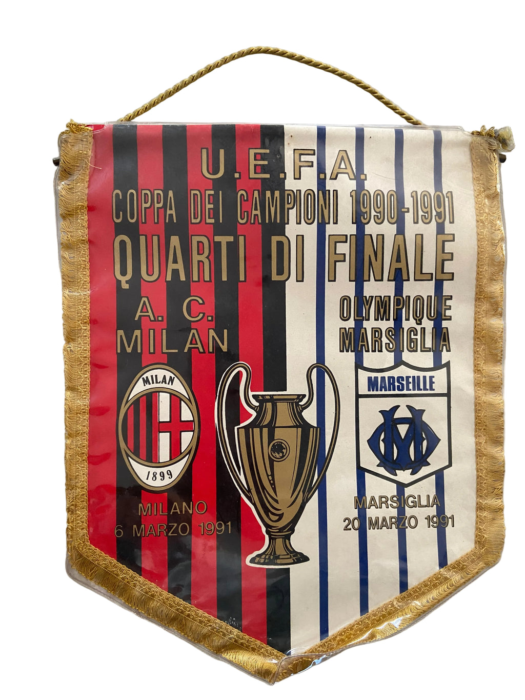 Fanion officiel de foot- Quart de Finale Coupe des Champions 1991 – AC Milan vs OM- Collector