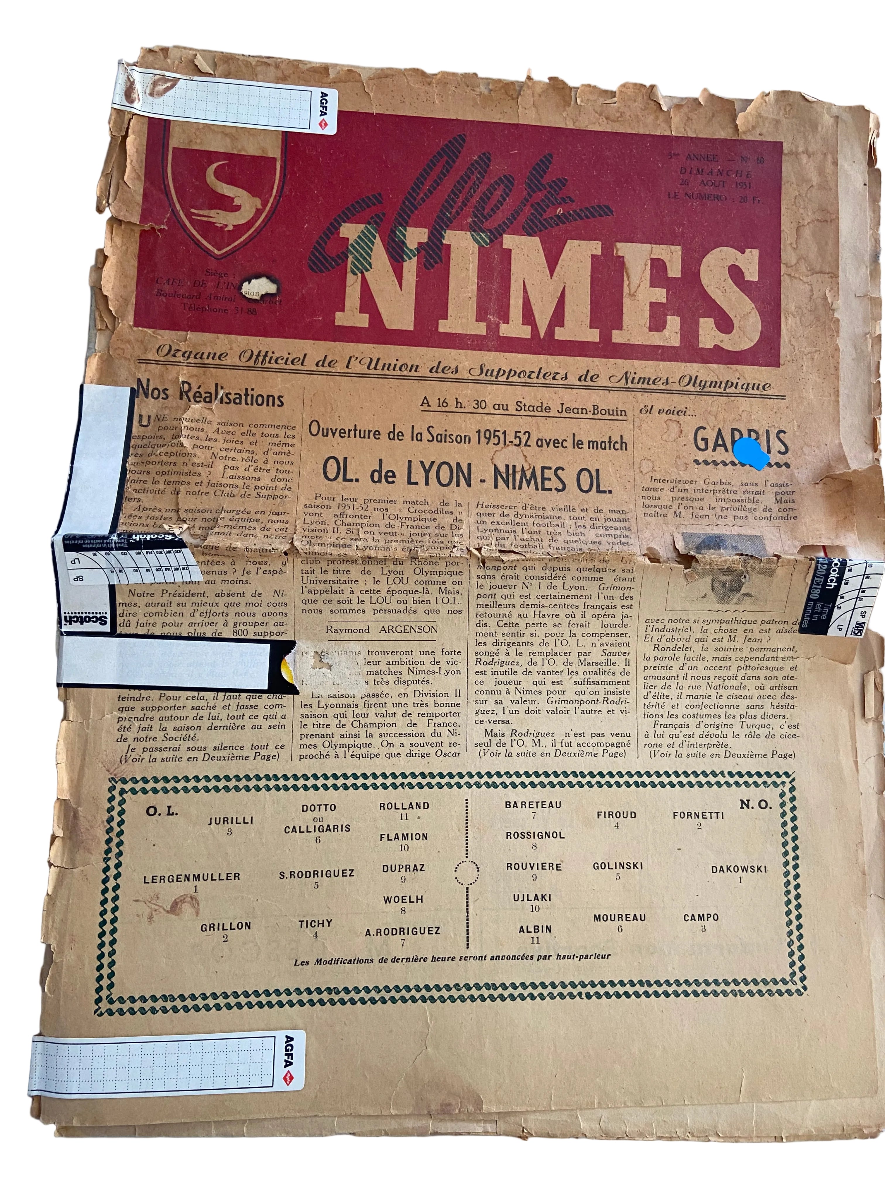 Pack Archives Historique Nîmes Olympique – Journaux "Aller Nîmes" 1951 & Photo Champion Division 2 1950 Collector