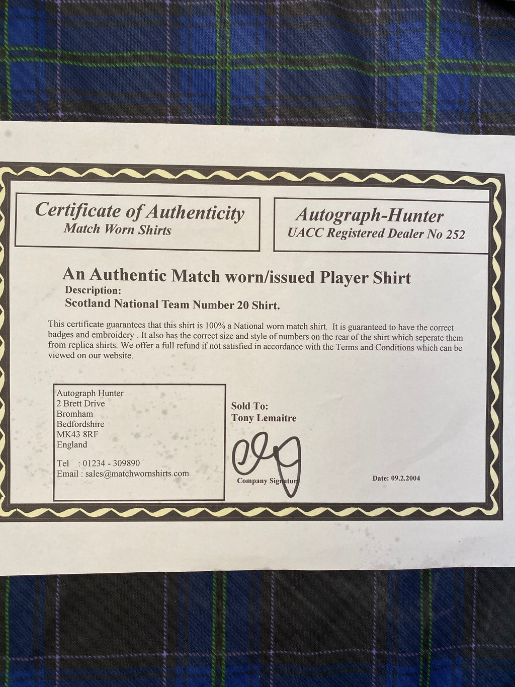 Maillot de foot de l’Écosse (porté par le N.20 BOOTH) contre les USA en 1996 (certificat d’authenticité fourni)