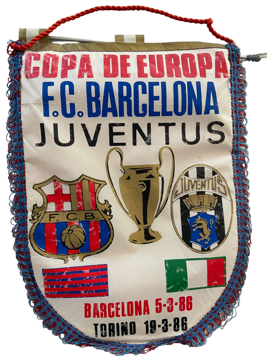 Fanion officiel de foot - Quart de Finale Coupe des Champions 1986 – FC Barcelone vs Juventus- Collector