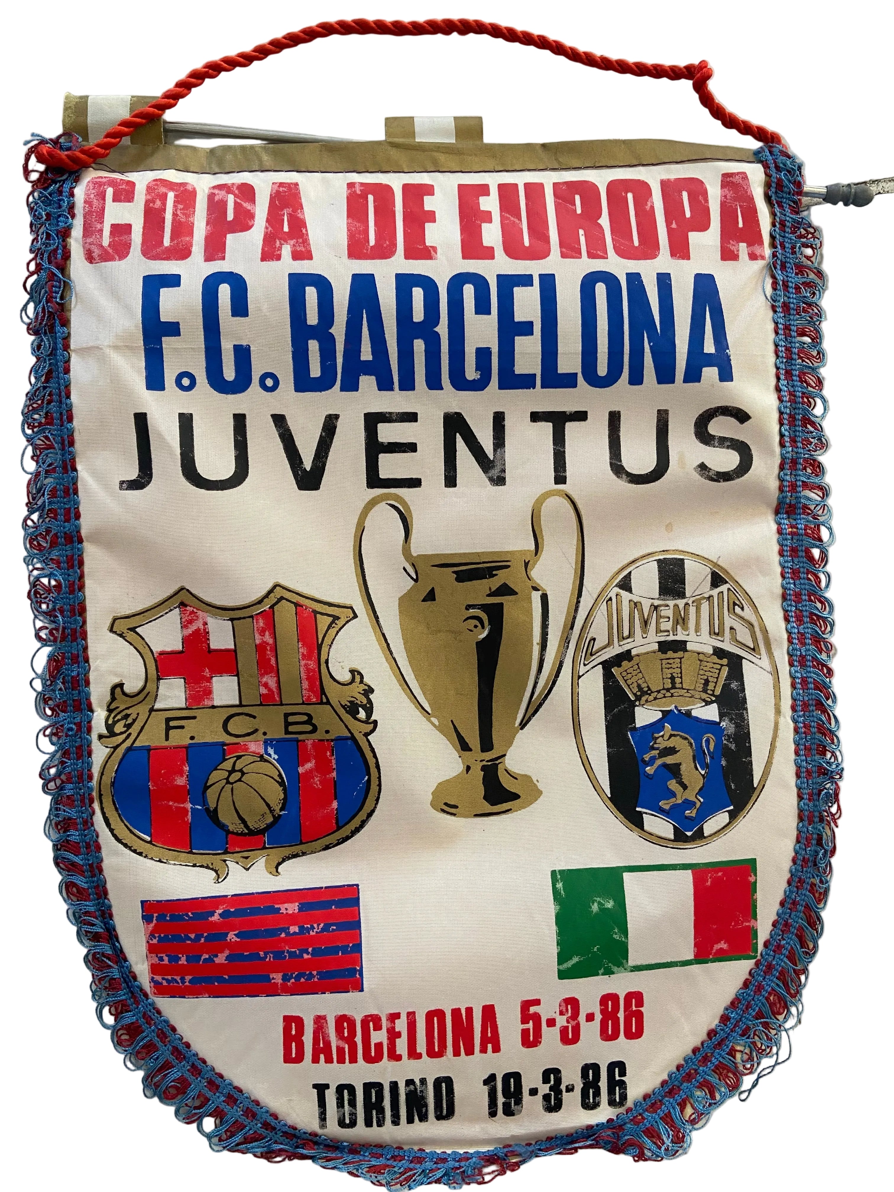 Fanion officiel de foot - Quart de Finale Coupe des Champions 1986 – FC Barcelone vs Juventus- Collector
