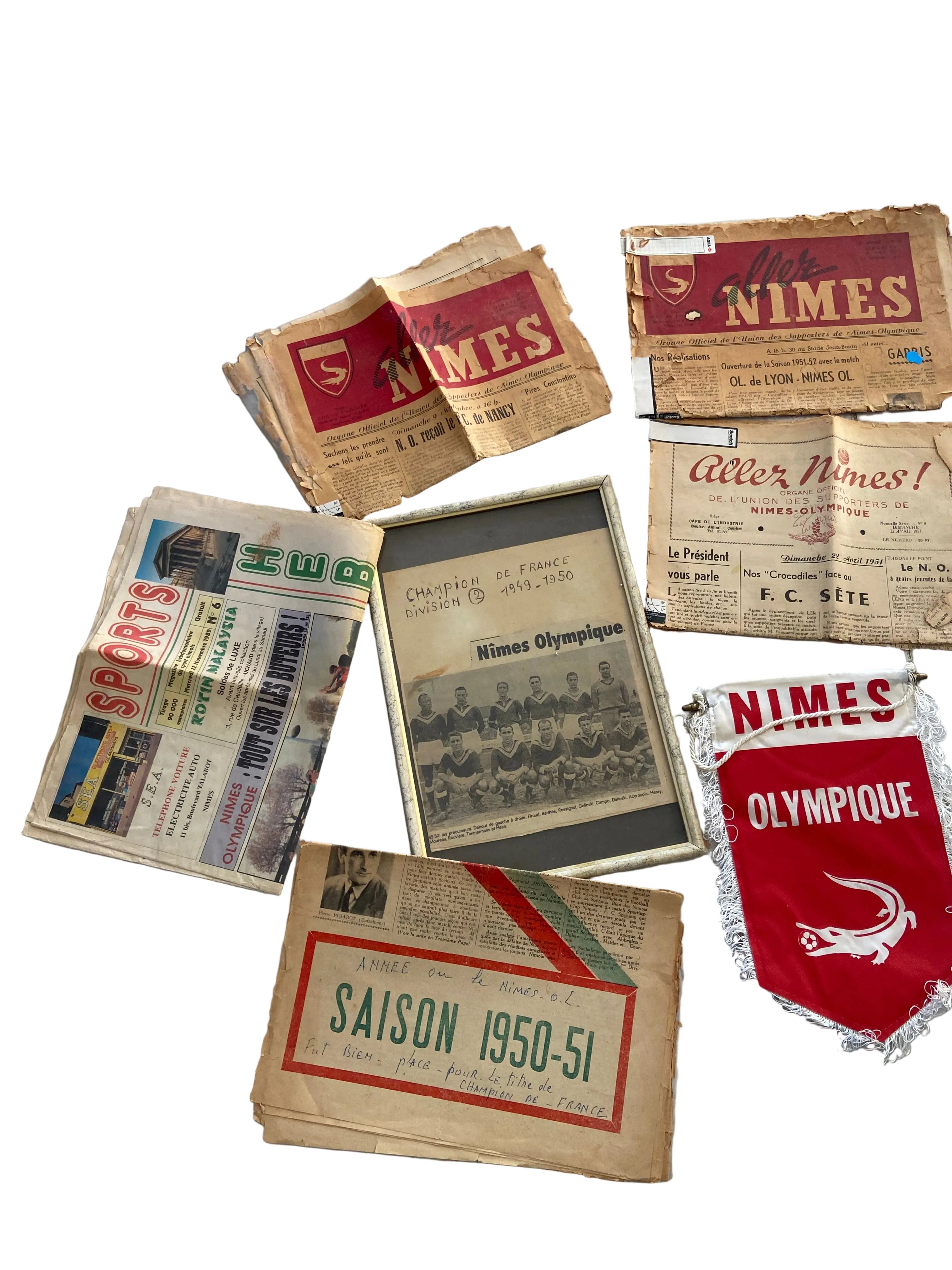 Pack Archives Historique Nîmes Olympique – Journaux "Aller Nîmes" 1951 & Photo Champion Division 2 1950 Collector